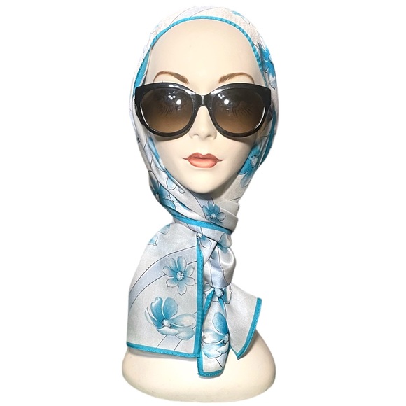 100% Silk Scarf - ELAINE GOLD for Collection XIIX - Blue White Floral 53” x 10” - Picture 5 of 13